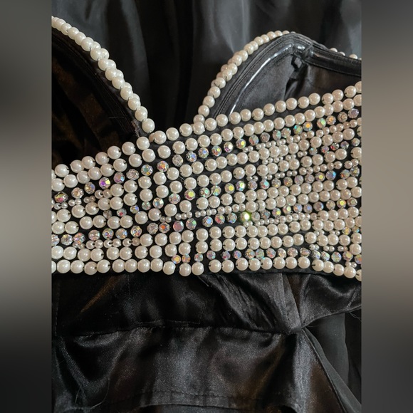 La Femme Silver Beads and Pearl Black Strapless Formal Dress, Prom,Dance,Wedding - Picture 6 of 12